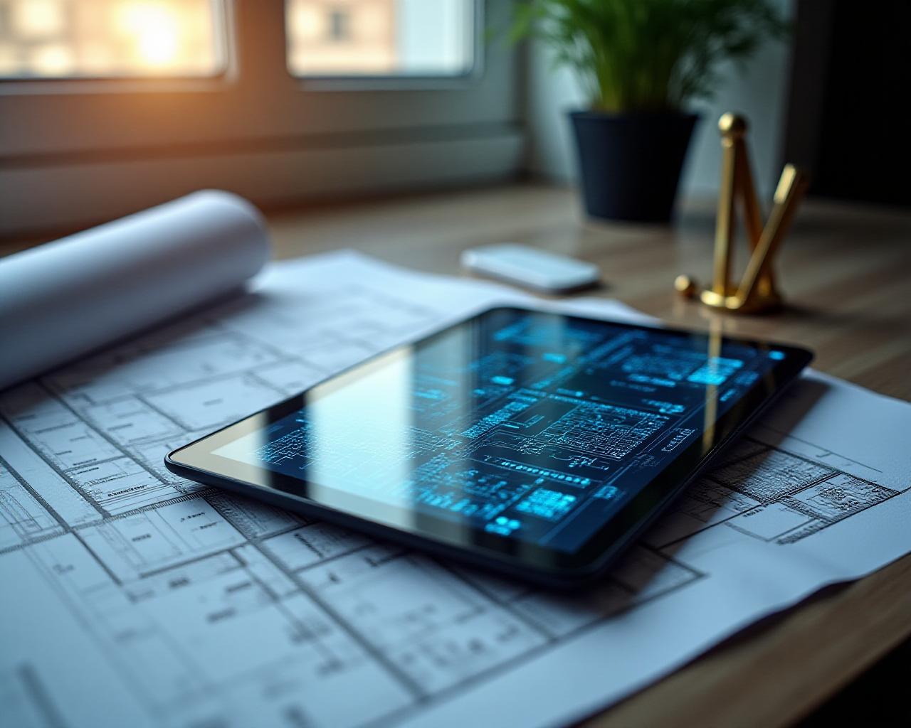 Close up of architectural blueprints and a secure digital tablet in a sunlit interior studio