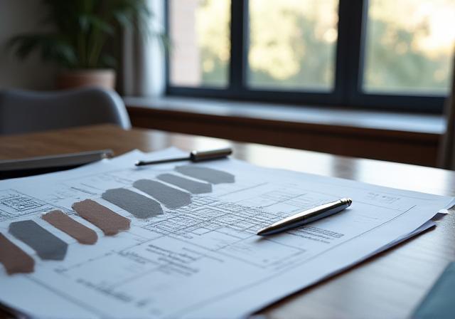 Close up of architectural plans and a designer pen on a minimalist desk